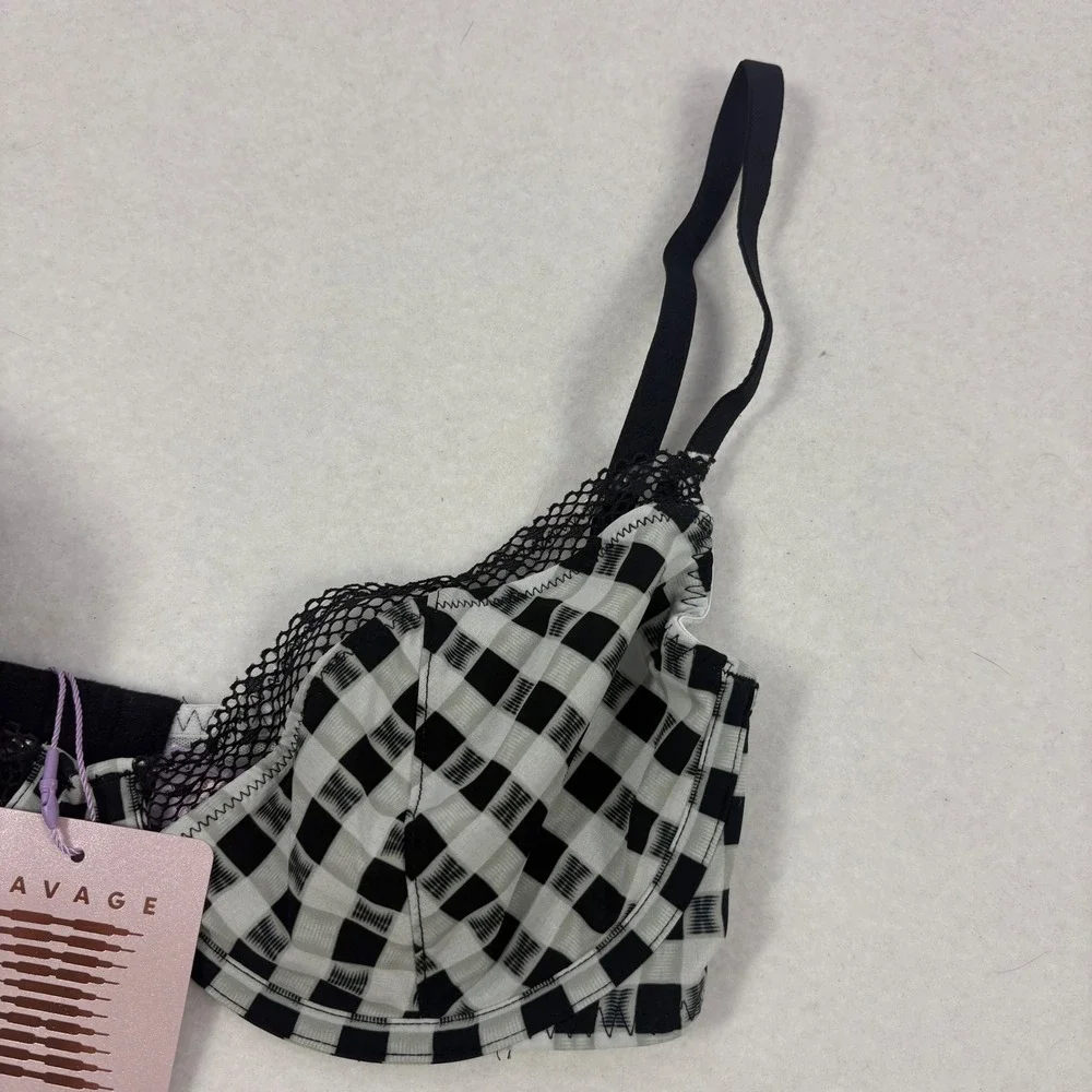 NWT Savage X Fenty Size 32D Gingham Remix Unlined Plunge Bra Black White Lace